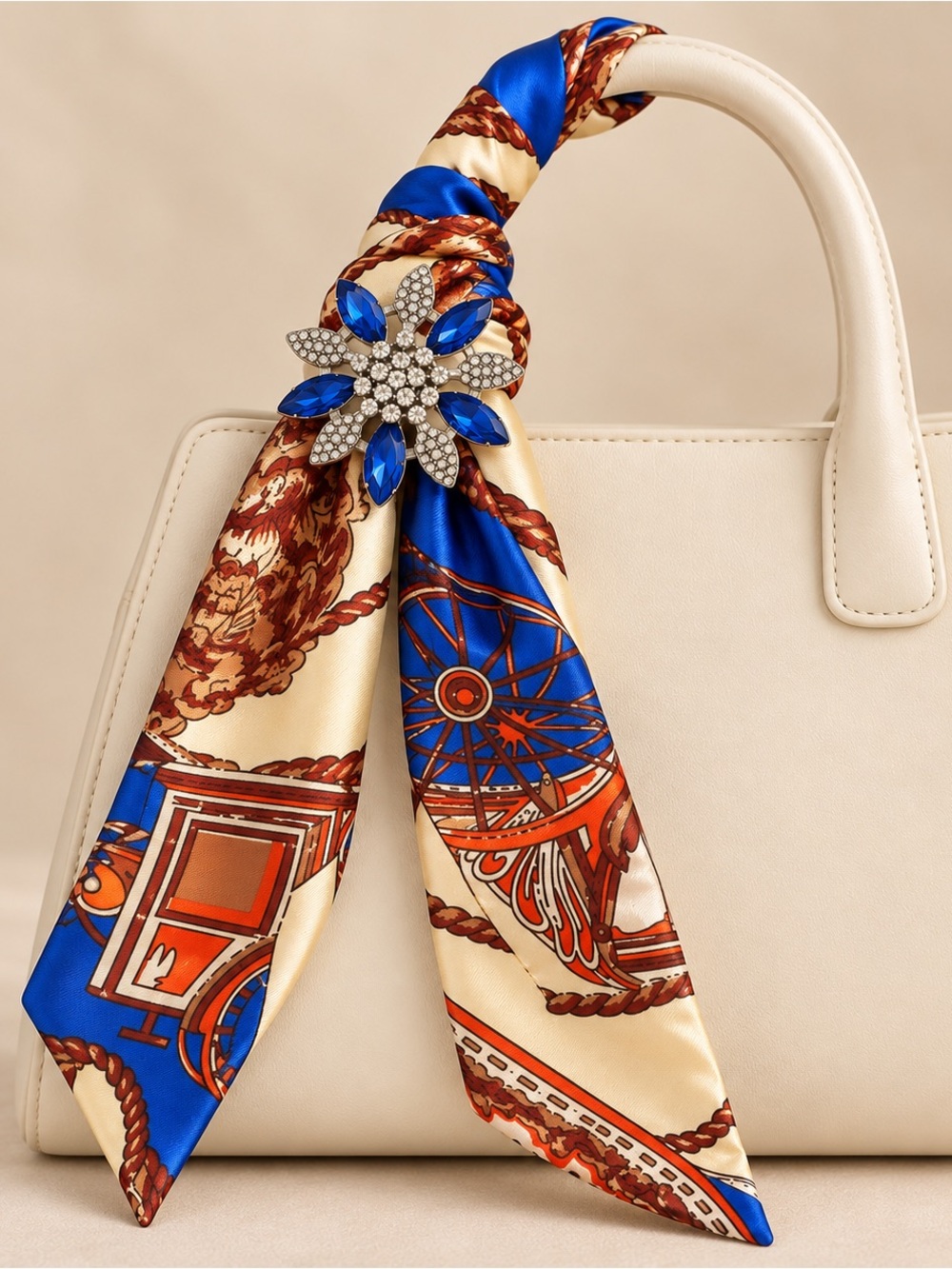 2pcs. Royal Blue Printed Scarf & Blue Rhinestone Flower Brooch Set